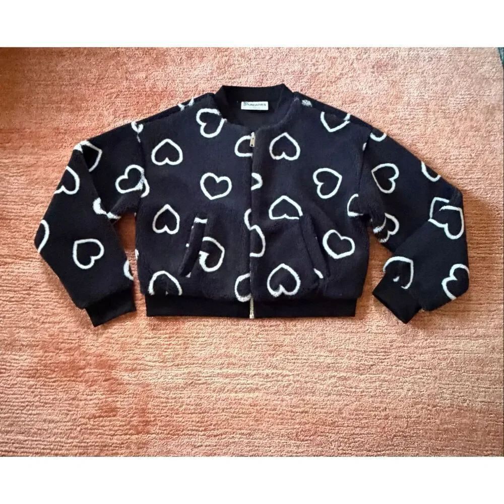 No Boundaries Heart Print Faux Fur Bomber Jacket Size M